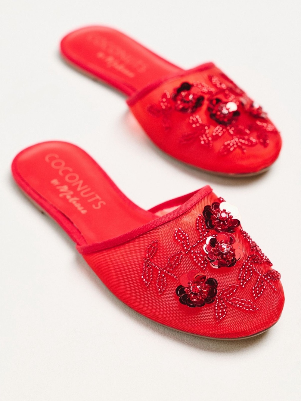 Coconuts by Matisse Red Sequin Floral Slide Mules
